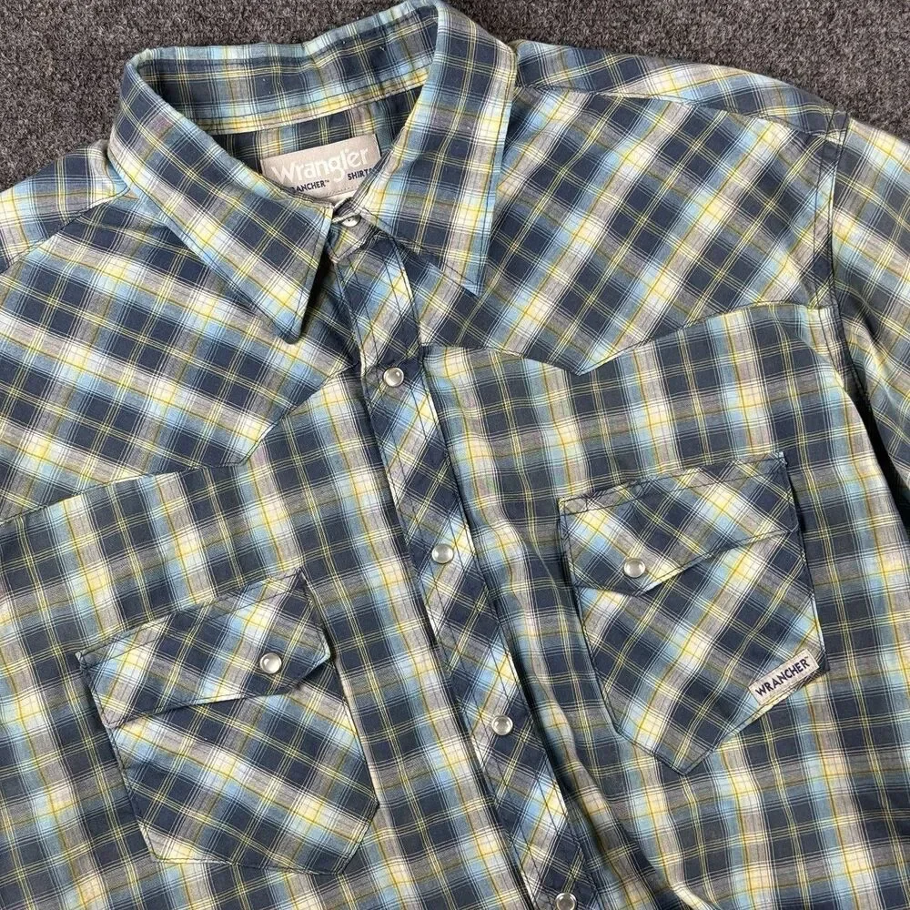 Wrangler Shirt Mens XL Blue Yellow Western Pearl Snap Short Sleeve Wrancher